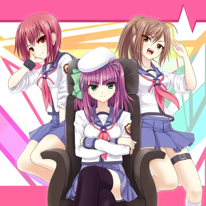 Fan art of three Angel Beats! girls in school uniforms with pink background
