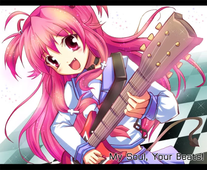 Angel Beats — Yui playing electric guitar with 'My Soul, Your Beats!' caption