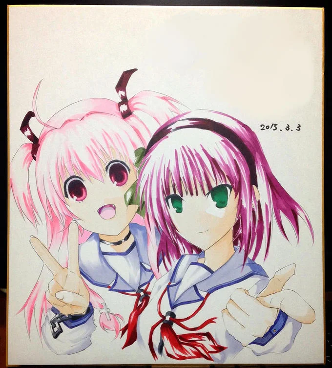 Hand-drawn shikishi art of Yui and Yuri from Angel Beats! dated 2015