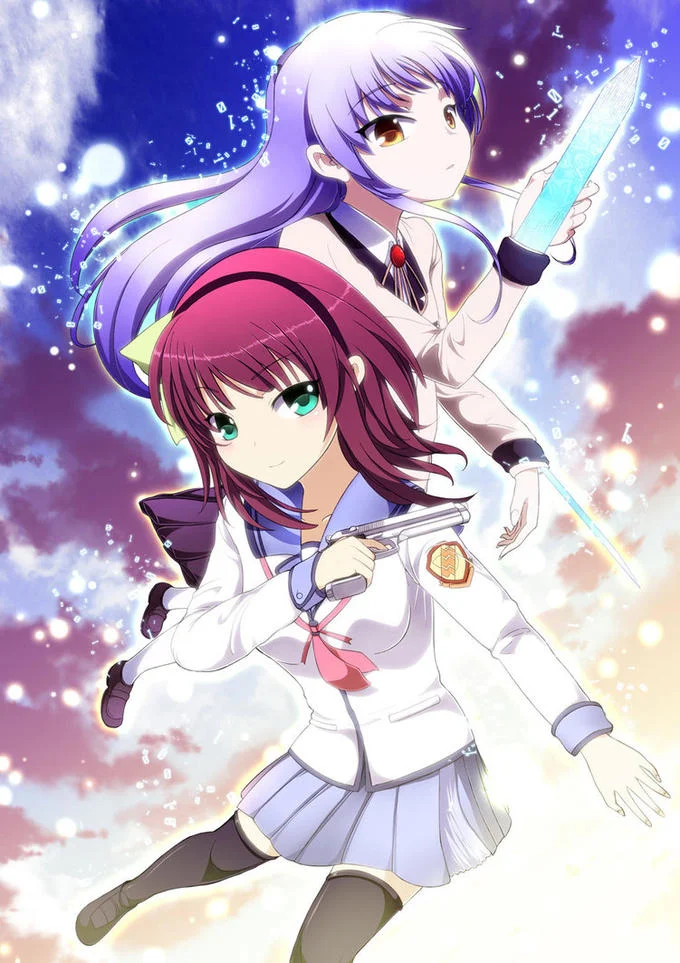 Yuri with pistol and Kanade with energy blade in Angel Beats! artwork