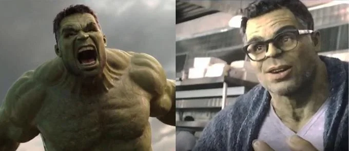 Angry Hulk Vs Civil Hulk — Clean meme template featuring angry roaring Hulk on left and intelligent Hulk with glasses on right.