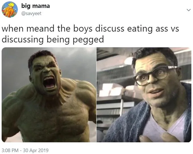 Twitter post using Angry Hulk vs Civil Hulk meme format with text overlay comparison.