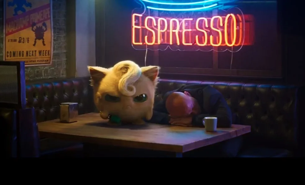 Angry Jigglypuff — Angry CGI Jigglypuff with blonde hair sitting on a bar table next to a passed-out man under an Espresso neon sign