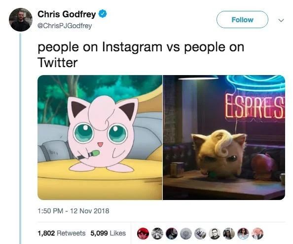 Angry Jigglypuff — Tweet contrasting anime Jigglypuff and angry Detective Pikachu Jigglypuff as Instagram vs Twitter personas