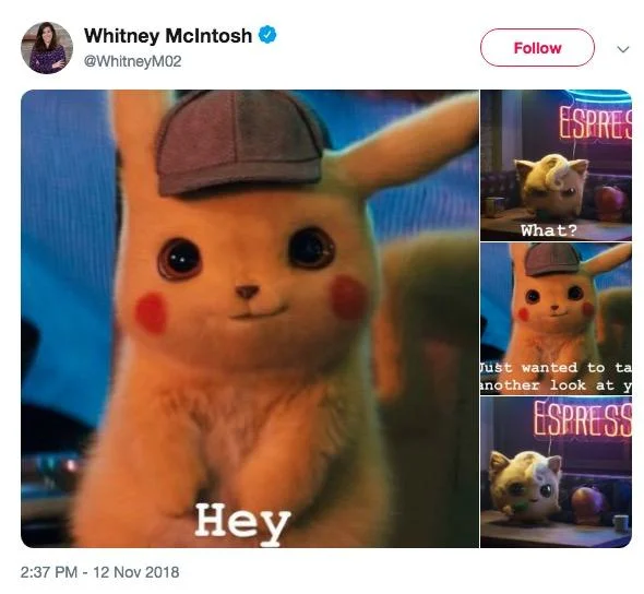 Tweet with Detective Pikachu greeting angry Jigglypuff in a multi-panel exchange