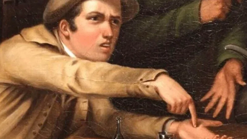 Angry Man Pointing At Hand — Classical painting close-up of an angry man in a cap pointing at another man's open hand
