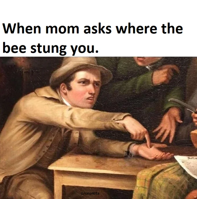 Angry Man Pointing At Hand — Meme captioned about showing mom where a bee stung you with the classical pointing painting
