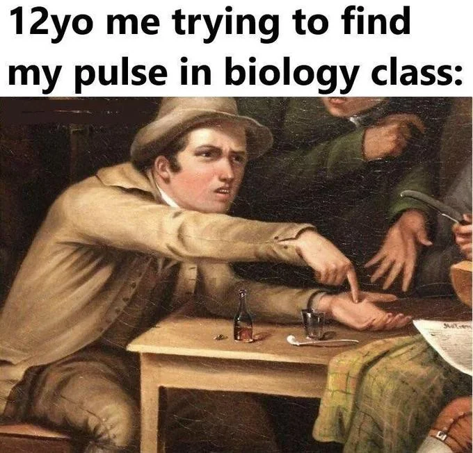 Angry Man Pointing At Hand — Meme captioned about a 12-year-old trying to find a pulse in biology class with the classical pointing painting