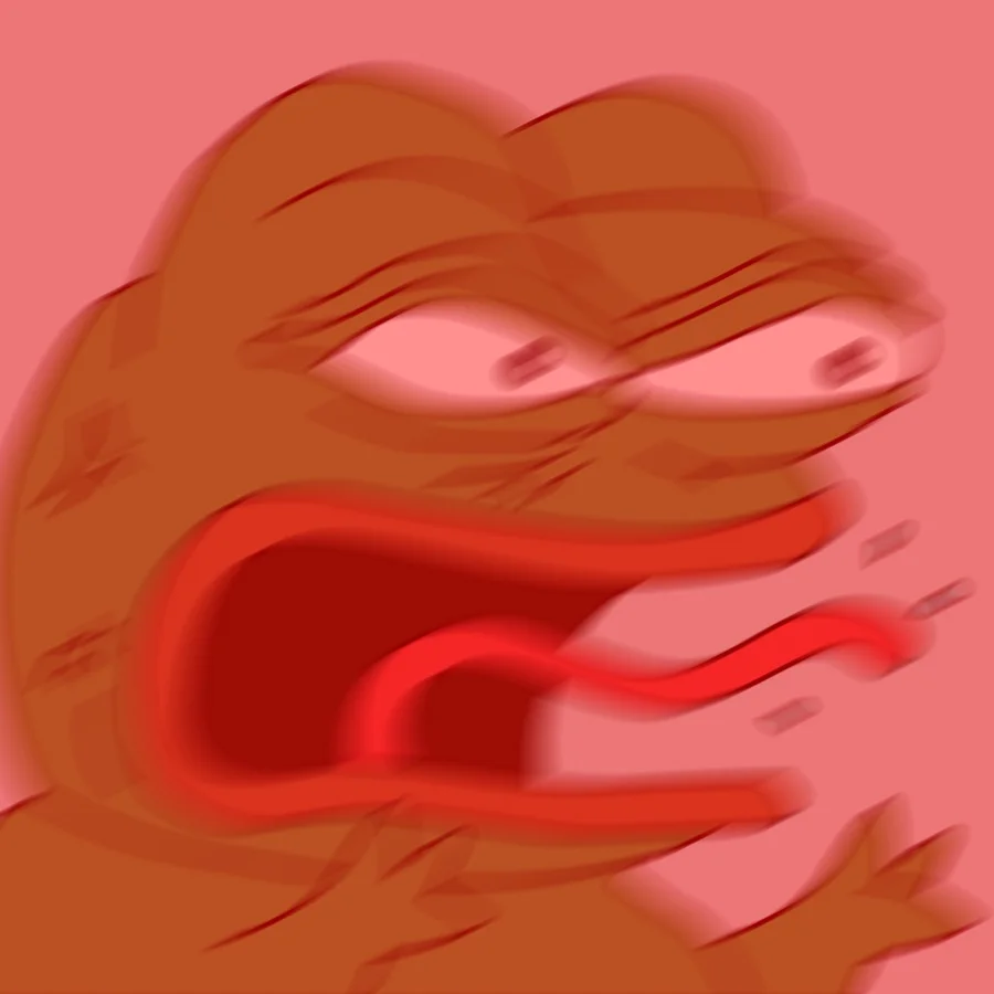 Angry Pepe the Frog screaming with distorted motion-blur effect on pink background
