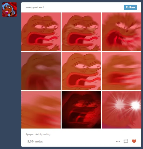 Tumblr grid post of nine Angry Pepe variants with 12554 notes