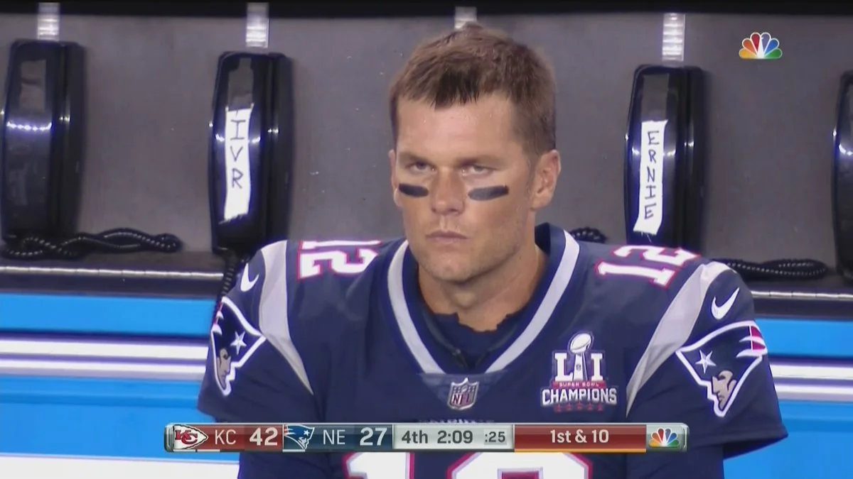 Angry Tom Brady — Tom Brady looking angry on the Patriots bench during NBC broadcast with KC 42, NE 27 scoreline
