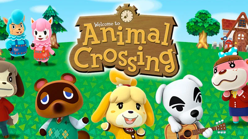 Animal Crossing logo with Tom Nook, Isabelle, K.K. Slider and other villager characters