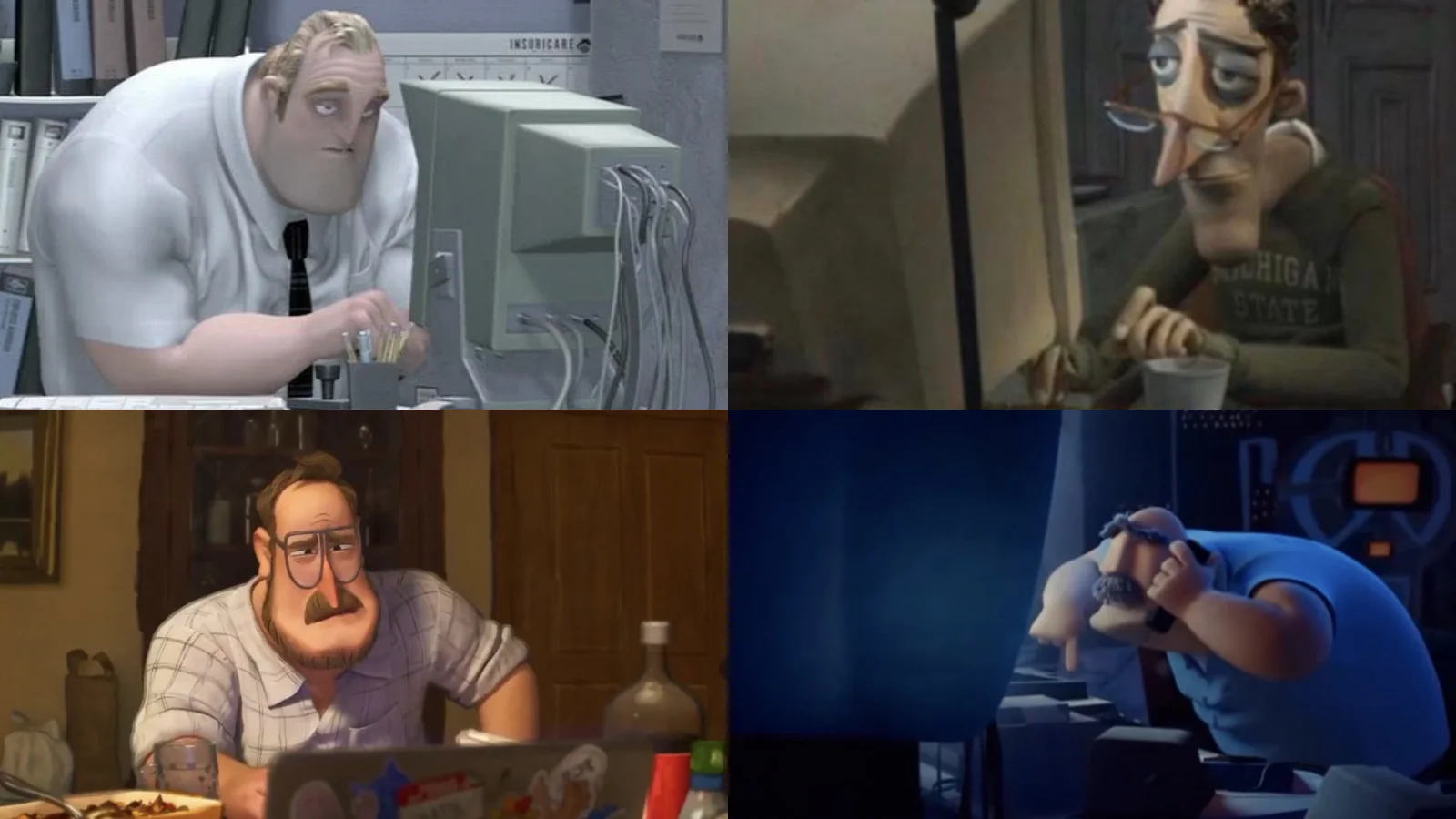 Animated Dads On Computers — Four-panel collage of animated dad characters hunched over computers looking exhausted
