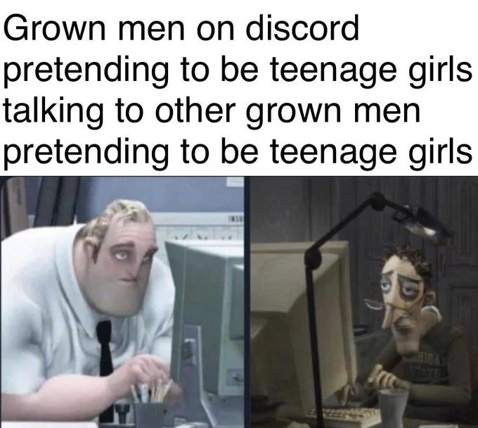 Animated Dads On Computers — Tweet pairing Mr. Incredible and Coraline's dad at computers with a self-referential meme-swapping caption