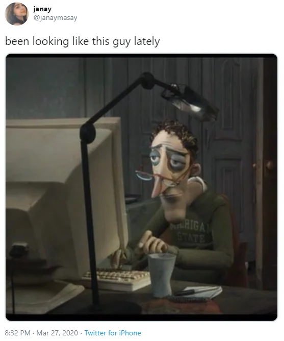 Animated Dads On Computers — Tweet reading 'been looking like this guy lately' with image of Coraline's dad hunched over a computer