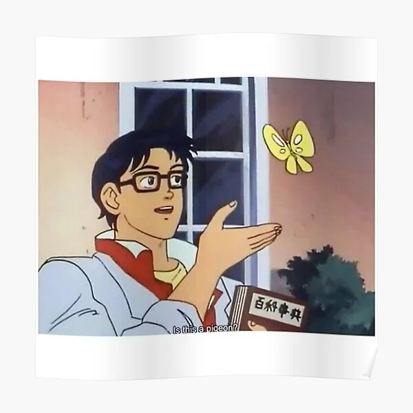 Anime butterfly meme in bordered screenshot format with pointing gesture.