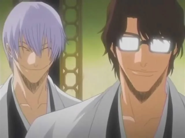 Anime Glasses — Aizen from Bleach with white-glare glasses standing beside Gin Ichimaru