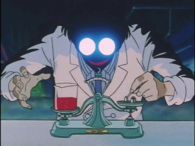 Anime Glasses — Anime scientist in lab coat with two glowing white circles for glasses
