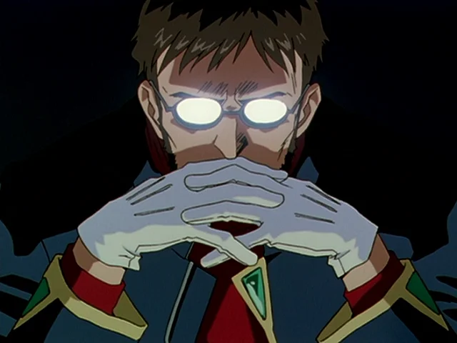 Anime Glasses — Gendo Ikari from Evangelion with glowing white glasses reflection