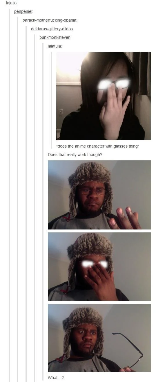Tumblr thread of people trying to recreate the anime glasses effect