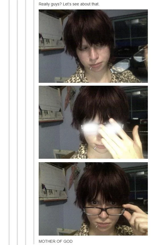 Tumblr user recreating anime glasses light reflection effect in three photos