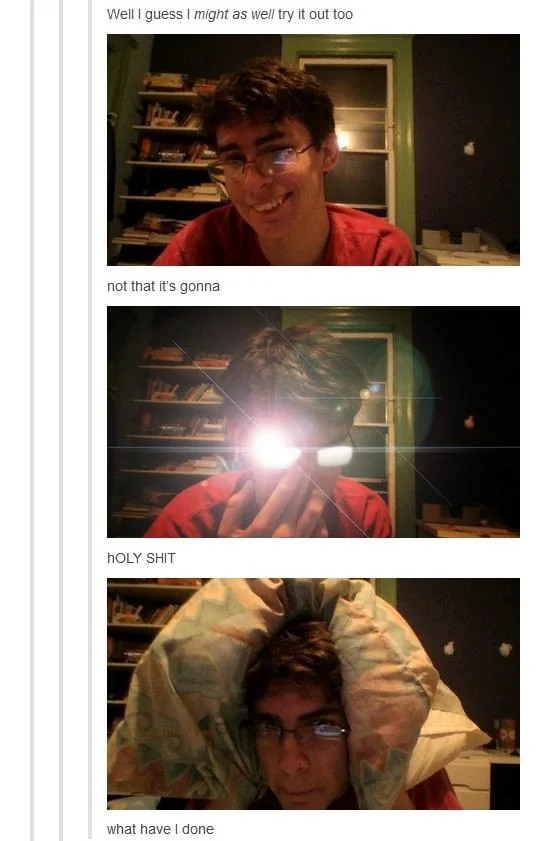 Person in red shirt recreating anime glasses reflection with dramatic light burst
