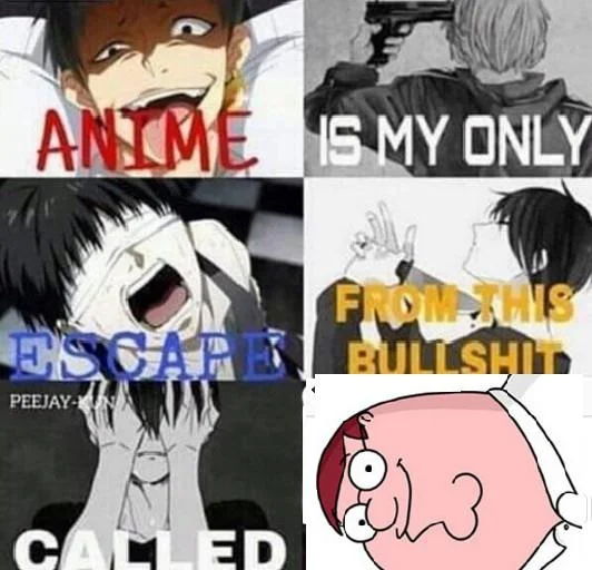 Anime Is My Escape From This Bullshit Called Reality — Multi-panel meme combining anime with Family Guy character in bottom panels.