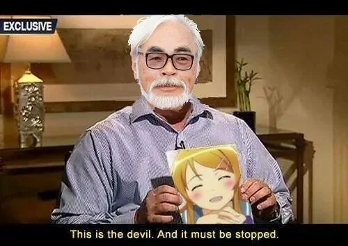 Anime Was a Mistake — Miyazaki in formal interview holding anime fan art with caption 'This is the devil. And it must be stopped.'