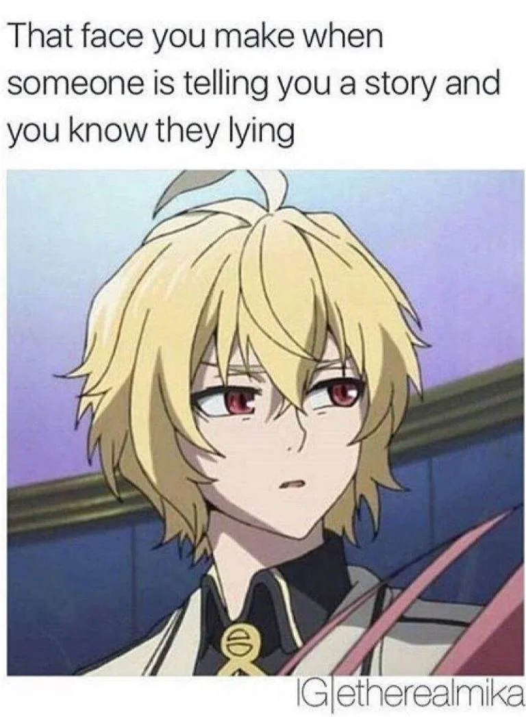 Anime character with blonde hair and red eyes displaying skeptical expression.
