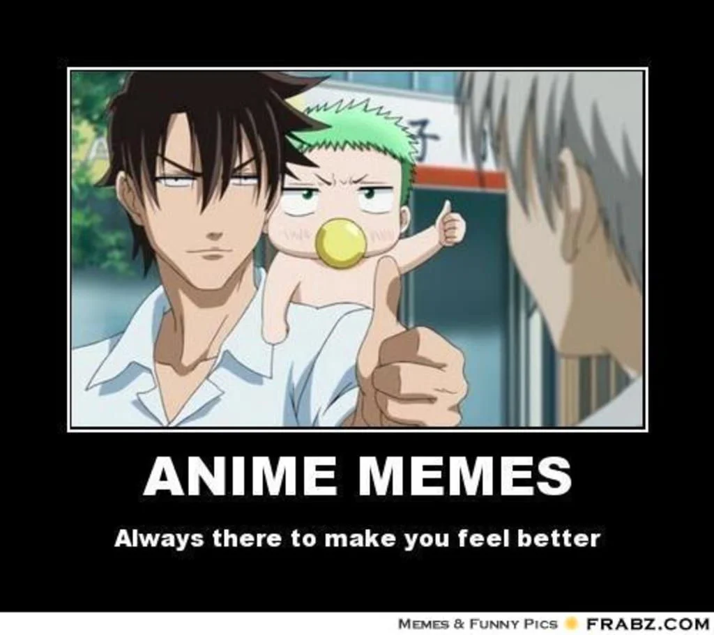 Two anime characters in supportive pose with text about anime memes comfort.
