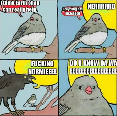 Annoyed Bird meme edit referencing Earth-chan, normies and Do You Know Da Wae