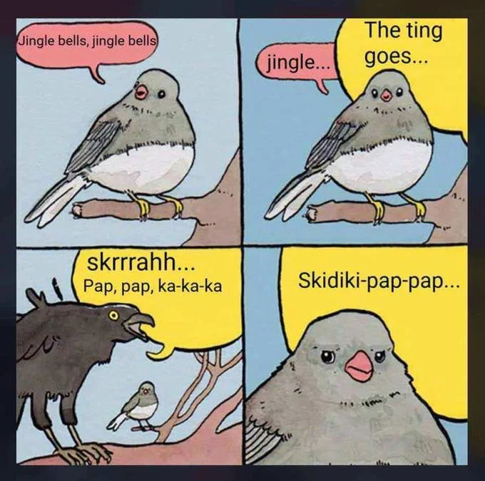 Annoyed Bird meme edit mixing Jingle Bells with Man's Not Hot lyrics