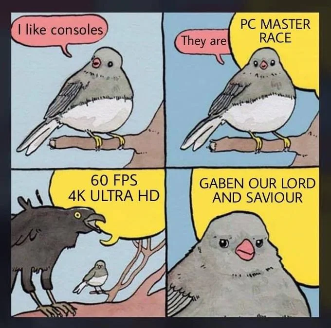 Annoyed Bird meme edited with a PC Master Race joke about console gaming