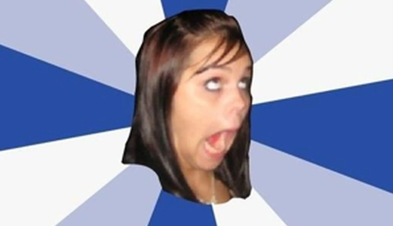 Annoying Facebook Girl meme template with a wide-mouthed brunette on a blue sunburst background