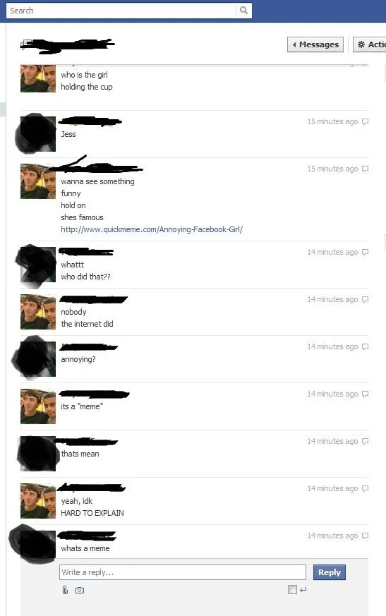 Redacted Facebook comment thread discussing the identity of the Annoying Facebook Girl