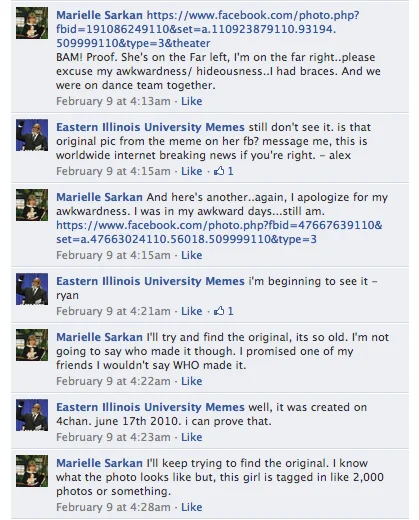 Facebook thread where Marielle Sarkan confirms she is the Annoying Facebook Girl