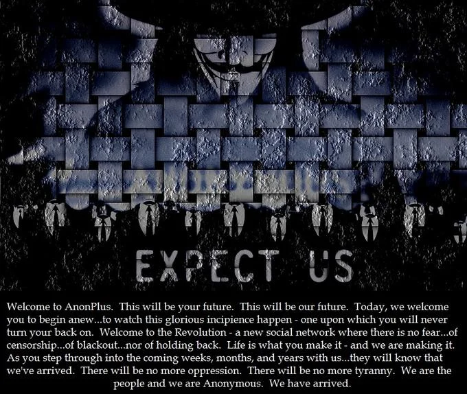Anonymous — AnonPlus social network banner with Guy Fawkes mask and Expect Us slogan