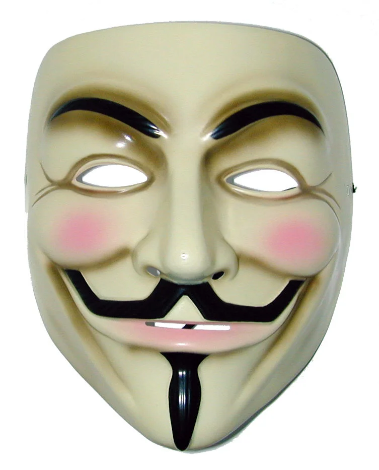 Guy Fawkes mask with black mustache and goatee on cream face, symbol of Anonymous