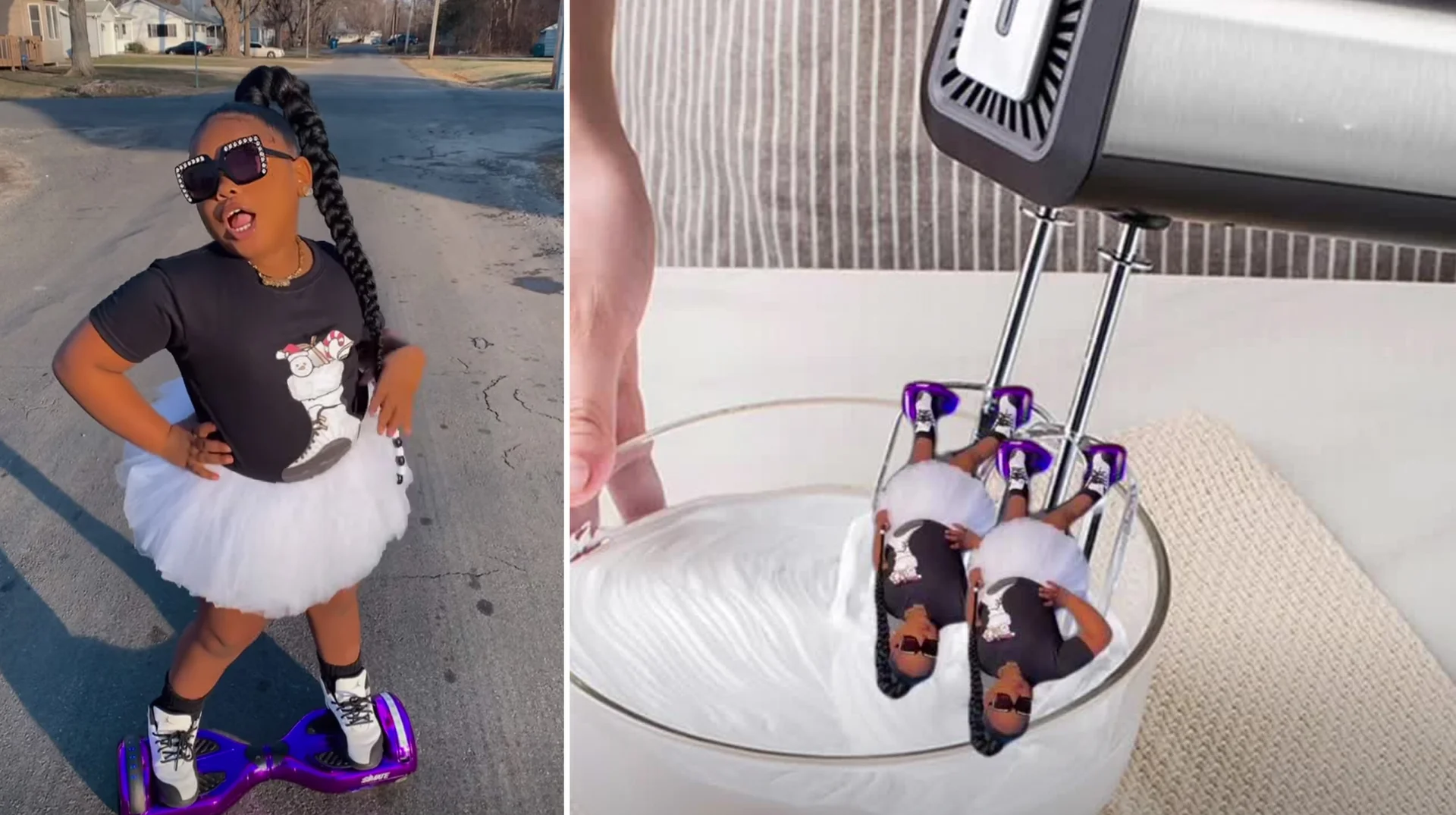 Another Day, Another Slay — Young girl in sunglasses and tutu on a purple hoverboard beside an edited image of her tiny duplicates in a stand mixer bowl.
