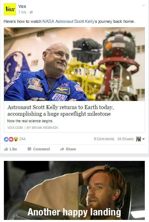Facebook post about Scott Kelly's Earth return captioned 'Another happy landing'