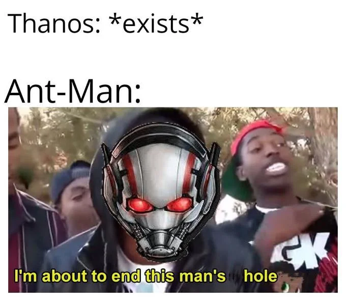 Ant Man Will Defeat Thanos By Crawling Up His Butt And Expanding — I'm about to end this man's whole career meme edited with Ant-Man and Thanos references