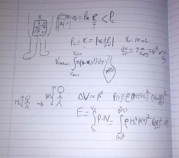 Ant Man Will Defeat Thanos By Crawling Up His Butt And Expanding — Handwritten physics equations calculating Ant-Man expanding inside Thanos