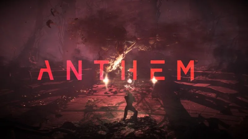 Anthem video game promotional title art with red logo over dark ruined landscape