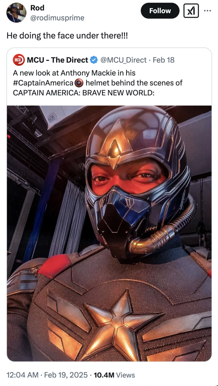 Anthony Mackie's Smirk — Tweet by Rod joking Anthony Mackie is doing his signature smirk under the Captain America helmet in a Brave New World