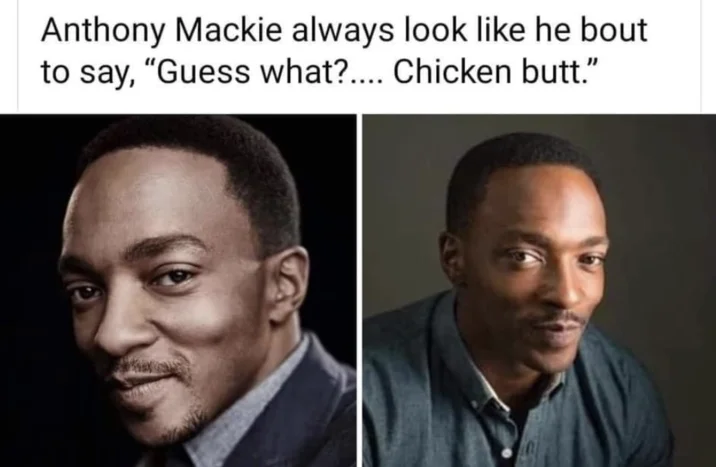 Anthony Mackie's Smirk — Two photos of Anthony Mackie smirking with a caption joking that he's about to say 'guess what, chicken butt.'