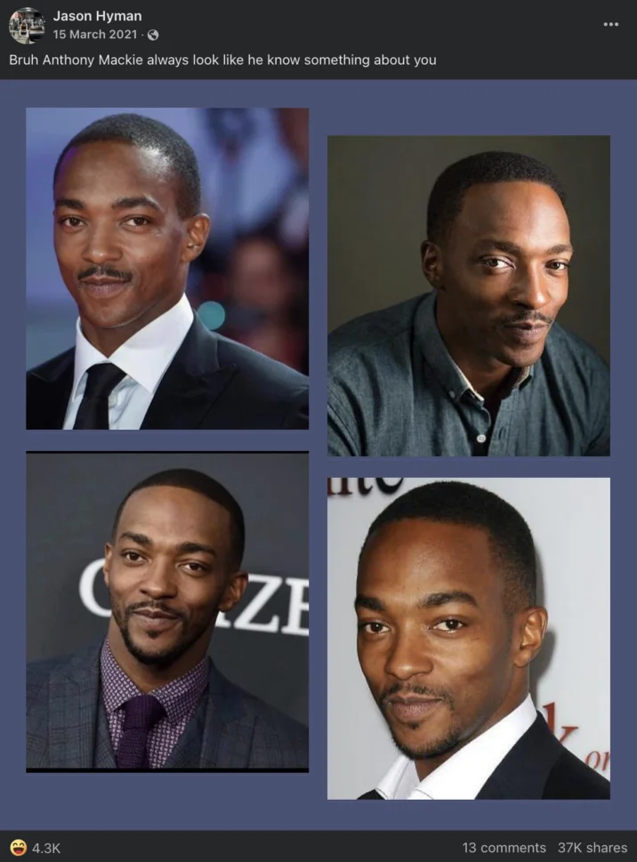 Anthony Mackie's Smirk — Facebook post by Jason Hyman with four photos of Anthony Mackie smirking and the caption about him always looking like he knows