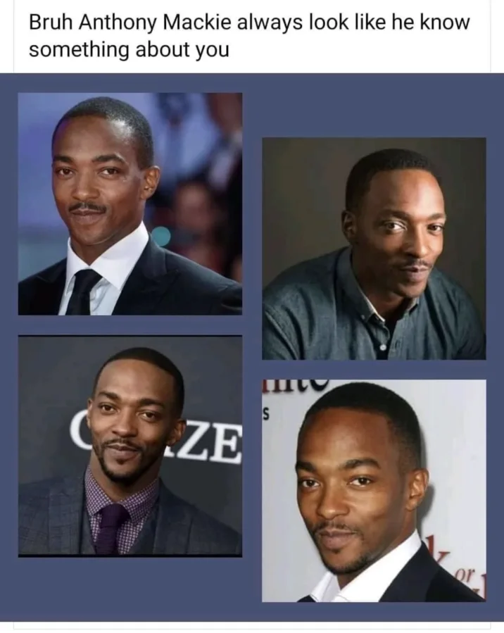 Anthony Mackie's Smirk — Four-photo grid of Anthony Mackie smirking with the caption about him knowing something about you.