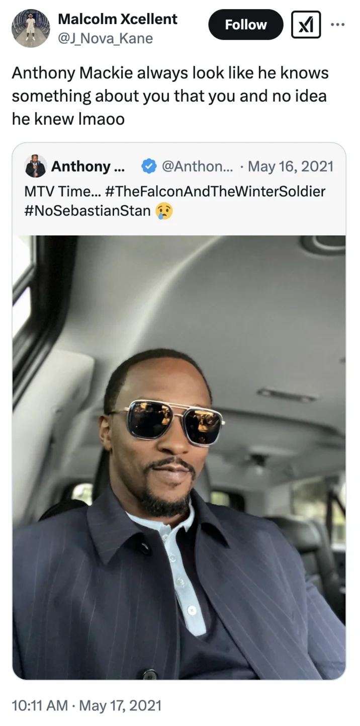 Anthony Mackie's Smirk — Tweet joking that Anthony Mackie always looks like he knows a secret about you, quoting a car selfie of Mackie in sunglasses.
