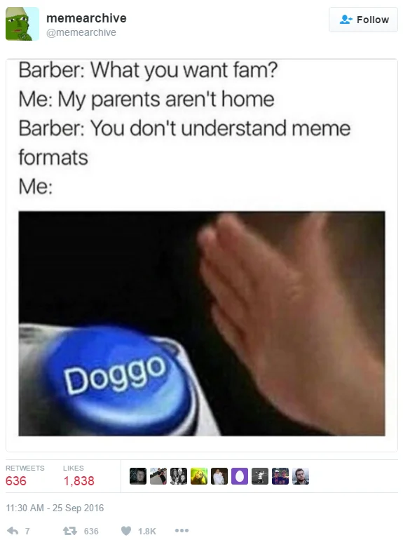 Anti Memes — Tweet screenshot using barber meme format with a nonsensical Doggo button punchline