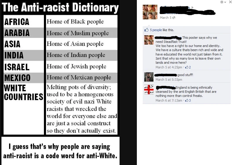 Anti-Racist Is Code for Anti-White — Anti-racist Dictionary table paired with a Facebook comment screenshot about ethnic identity